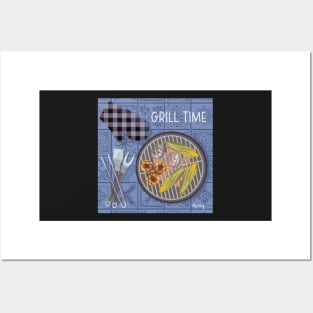 Grill Time on Blue Background Posters and Art